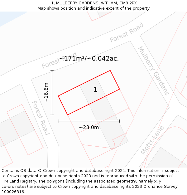 1, MULBERRY GARDENS, WITHAM, CM8 2PX: Plot and title map