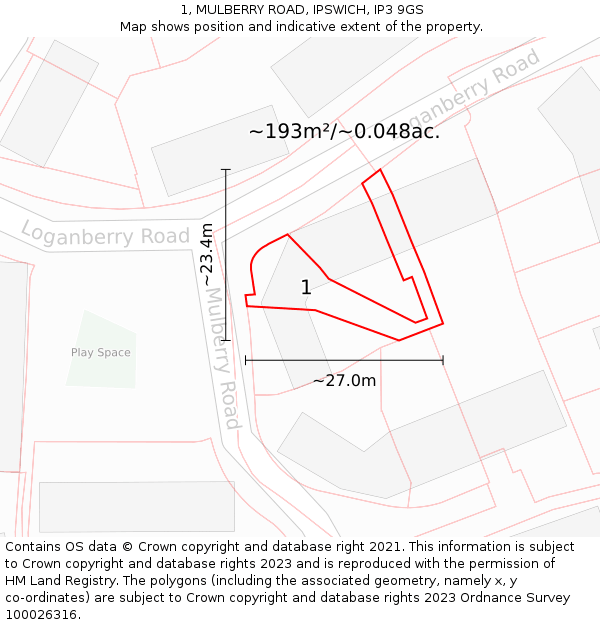 1, MULBERRY ROAD, IPSWICH, IP3 9GS: Plot and title map