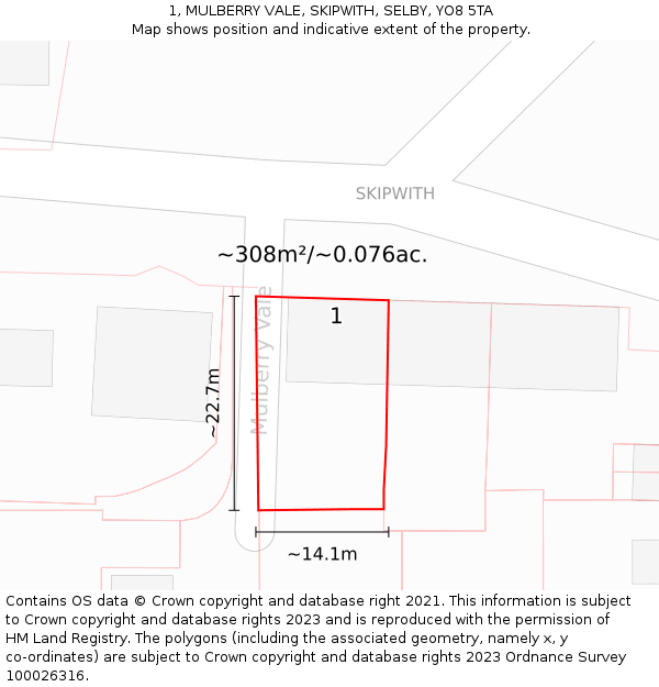 1, MULBERRY VALE, SKIPWITH, SELBY, YO8 5TA: Plot and title map