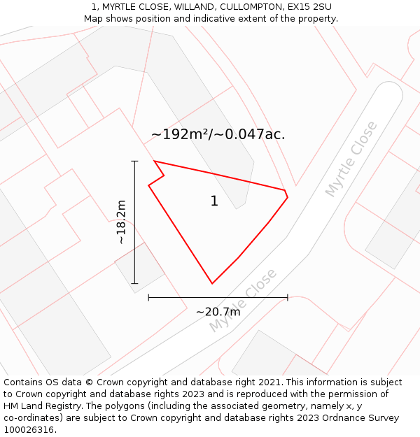 1, MYRTLE CLOSE, WILLAND, CULLOMPTON, EX15 2SU: Plot and title map