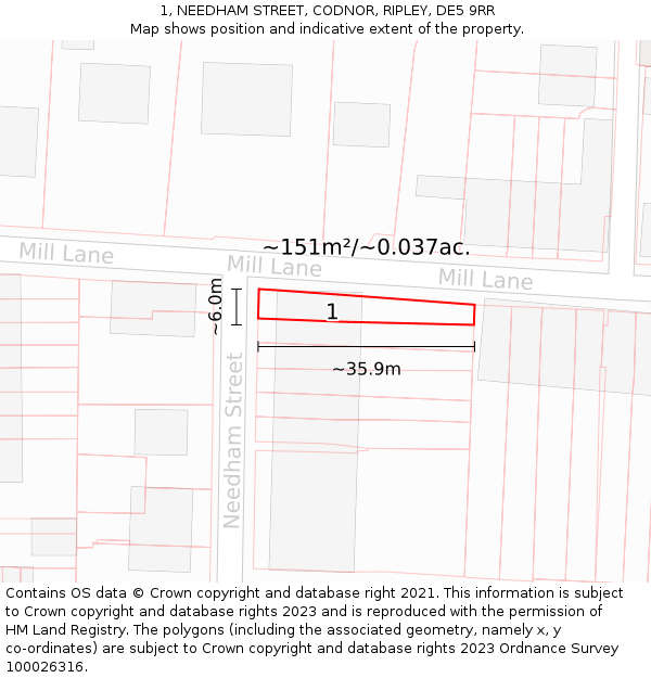 1, NEEDHAM STREET, CODNOR, RIPLEY, DE5 9RR: Plot and title map