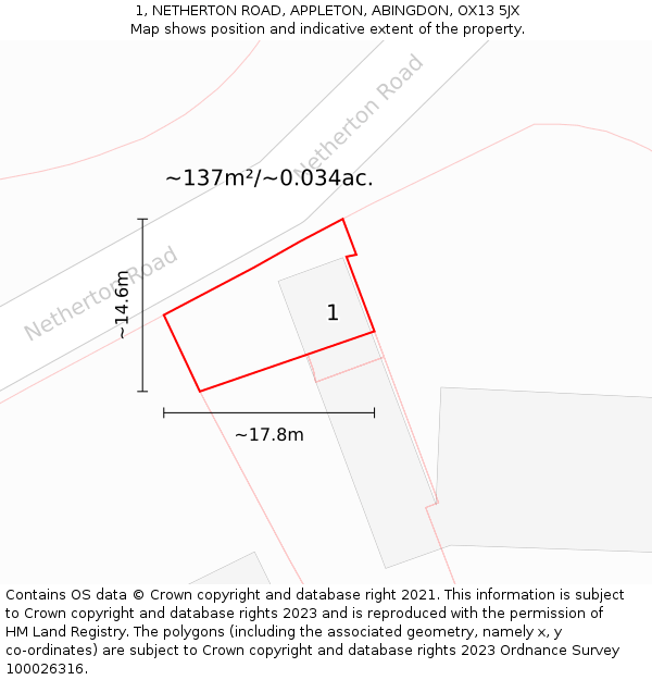 1, NETHERTON ROAD, APPLETON, ABINGDON, OX13 5JX: Plot and title map