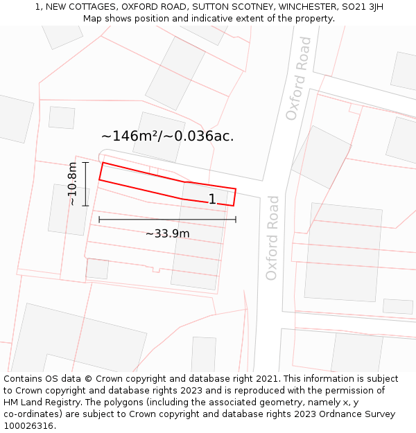 1, NEW COTTAGES, OXFORD ROAD, SUTTON SCOTNEY, WINCHESTER, SO21 3JH: Plot and title map
