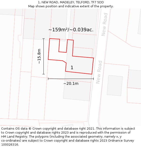 1, NEW ROAD, MADELEY, TELFORD, TF7 5DD: Plot and title map