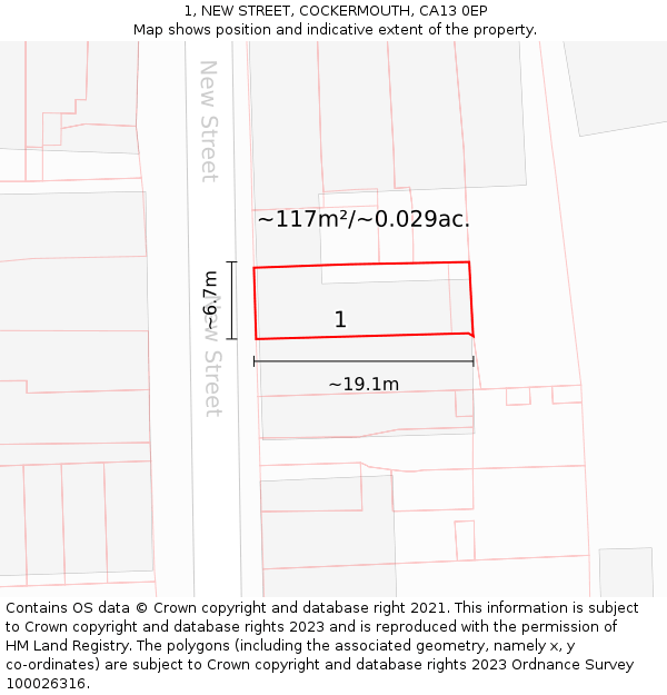 1, NEW STREET, COCKERMOUTH, CA13 0EP: Plot and title map