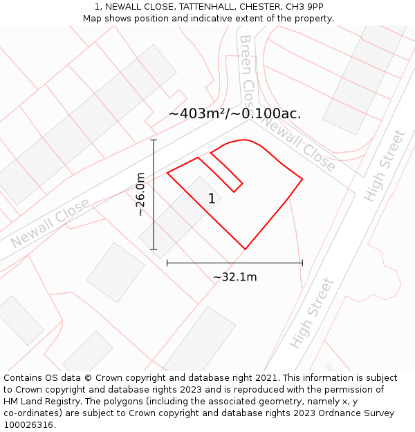 1, NEWALL CLOSE, TATTENHALL, CHESTER, CH3 9PP: Plot and title map
