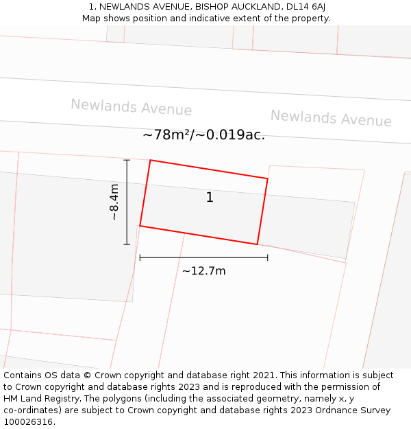 1, NEWLANDS AVENUE, BISHOP AUCKLAND, DL14 6AJ: Plot and title map