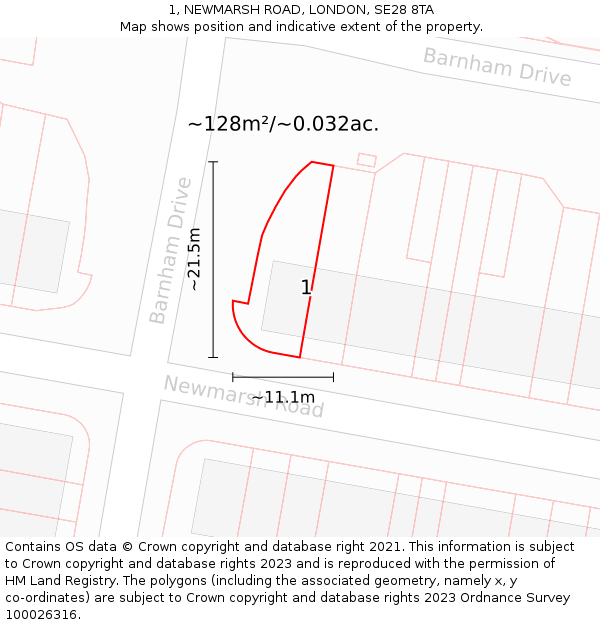 1, NEWMARSH ROAD, LONDON, SE28 8TA: Plot and title map