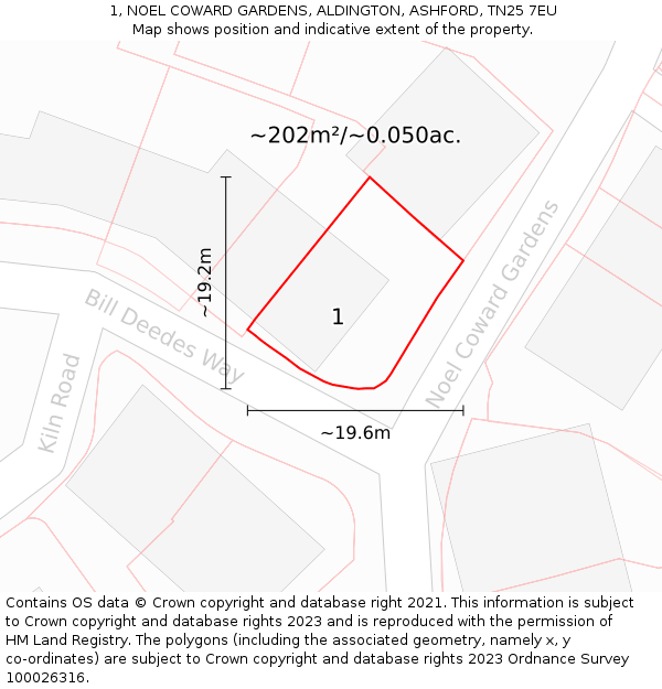 1, NOEL COWARD GARDENS, ALDINGTON, ASHFORD, TN25 7EU: Plot and title map