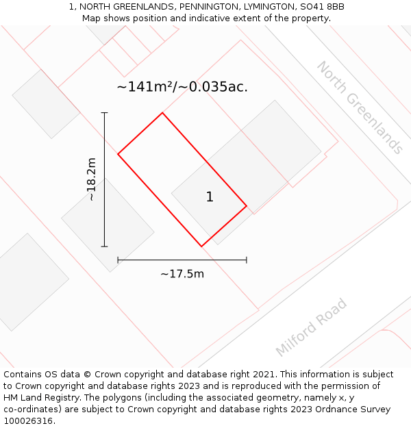 1, NORTH GREENLANDS, PENNINGTON, LYMINGTON, SO41 8BB: Plot and title map