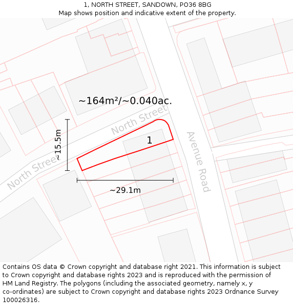 1, NORTH STREET, SANDOWN, PO36 8BG: Plot and title map