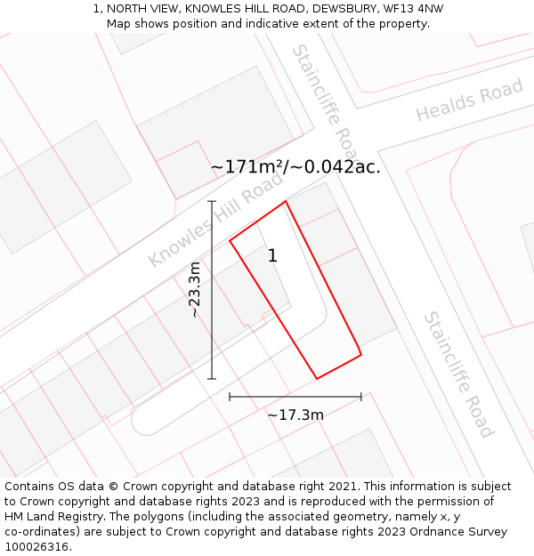 1, NORTH VIEW, KNOWLES HILL ROAD, DEWSBURY, WF13 4NW: Plot and title map