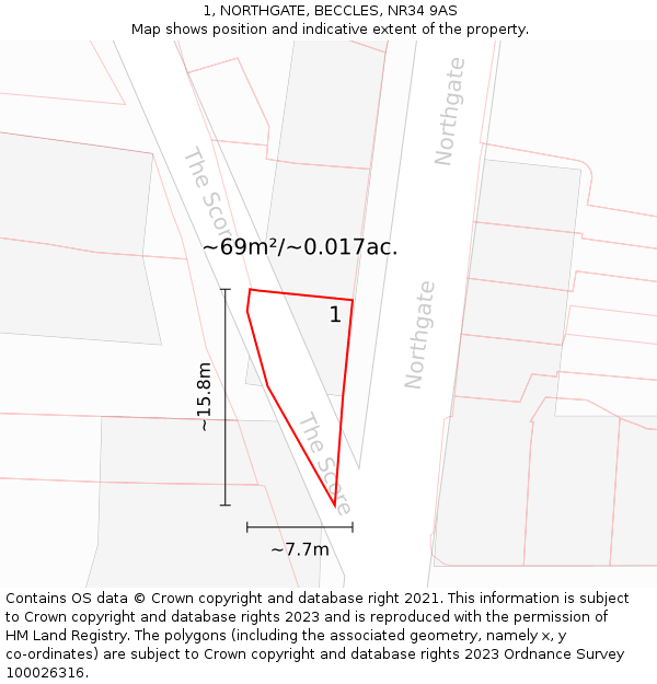 1, NORTHGATE, BECCLES, NR34 9AS: Plot and title map