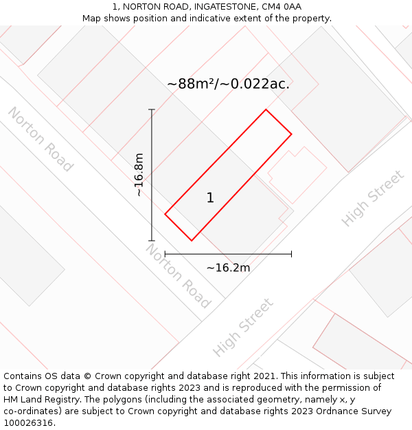 1, NORTON ROAD, INGATESTONE, CM4 0AA: Plot and title map