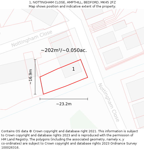 1, NOTTINGHAM CLOSE, AMPTHILL, BEDFORD, MK45 2FZ: Plot and title map