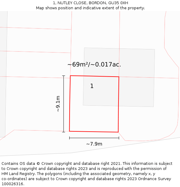 1, NUTLEY CLOSE, BORDON, GU35 0XH: Plot and title map