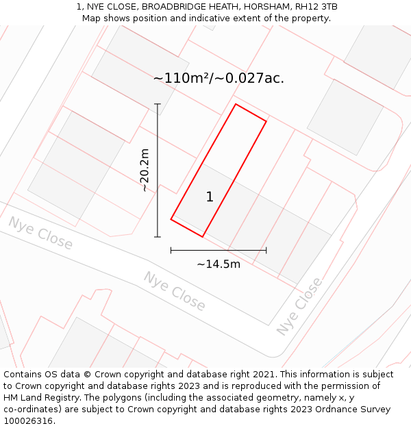 1, NYE CLOSE, BROADBRIDGE HEATH, HORSHAM, RH12 3TB: Plot and title map