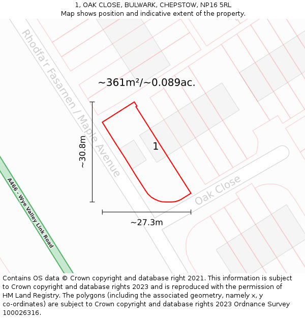 1, OAK CLOSE, BULWARK, CHEPSTOW, NP16 5RL: Plot and title map