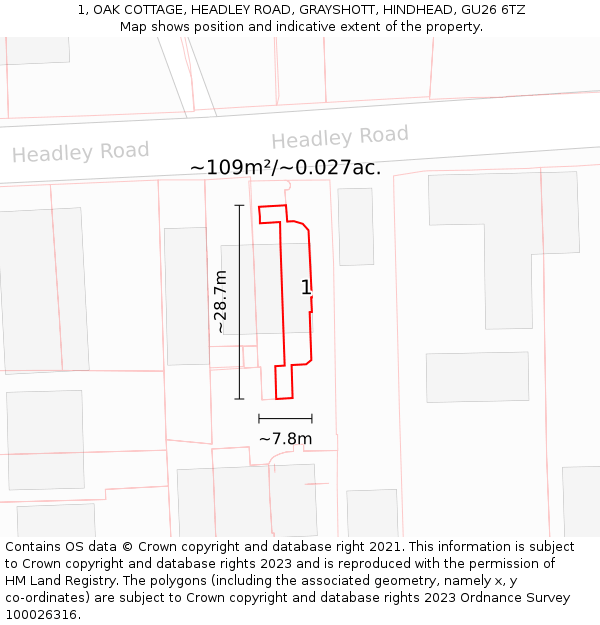 1, OAK COTTAGE, HEADLEY ROAD, GRAYSHOTT, HINDHEAD, GU26 6TZ: Plot and title map