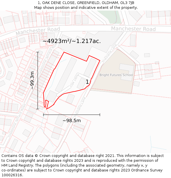 1, OAK DENE CLOSE, GREENFIELD, OLDHAM, OL3 7JB: Plot and title map