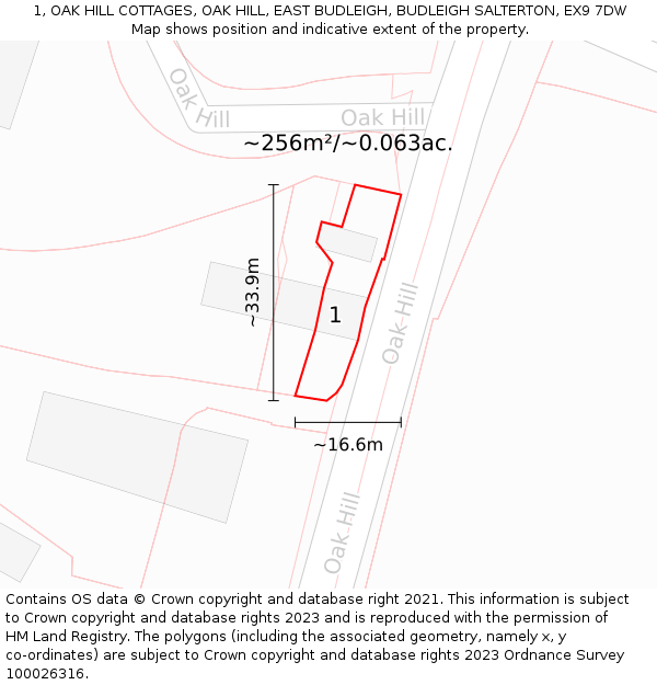 1, OAK HILL COTTAGES, OAK HILL, EAST BUDLEIGH, BUDLEIGH SALTERTON, EX9 7DW: Plot and title map