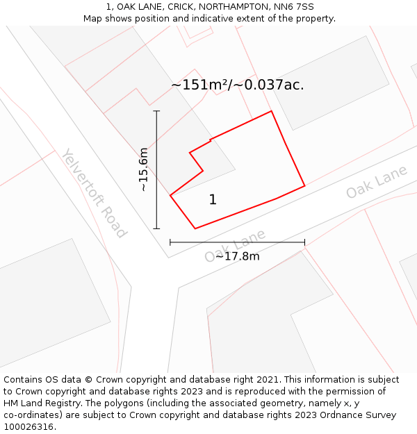 1, OAK LANE, CRICK, NORTHAMPTON, NN6 7SS: Plot and title map