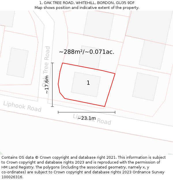 1, OAK TREE ROAD, WHITEHILL, BORDON, GU35 9DF: Plot and title map