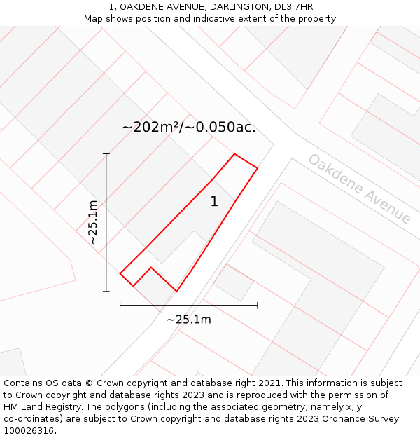1, OAKDENE AVENUE, DARLINGTON, DL3 7HR: Plot and title map
