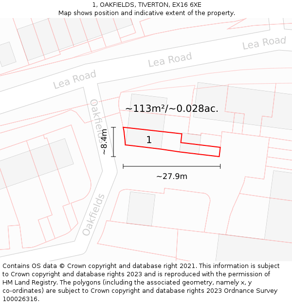 1, OAKFIELDS, TIVERTON, EX16 6XE: Plot and title map
