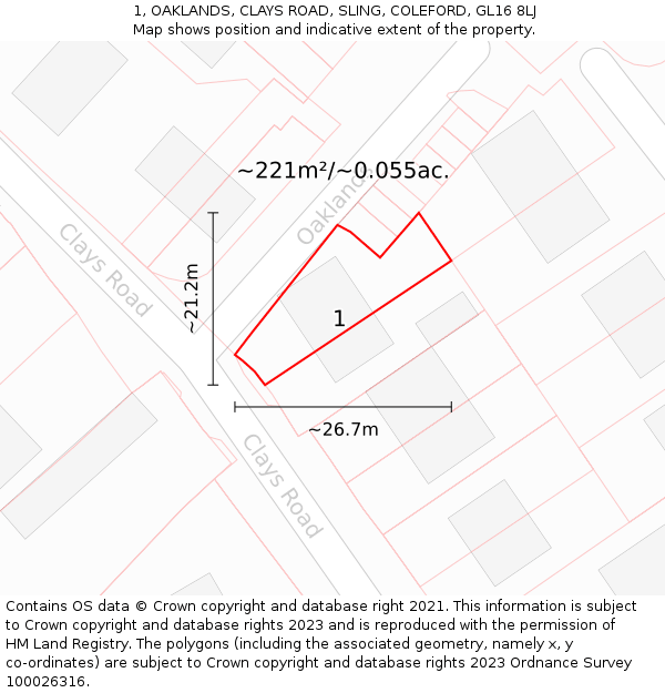 1, OAKLANDS, CLAYS ROAD, SLING, COLEFORD, GL16 8LJ: Plot and title map