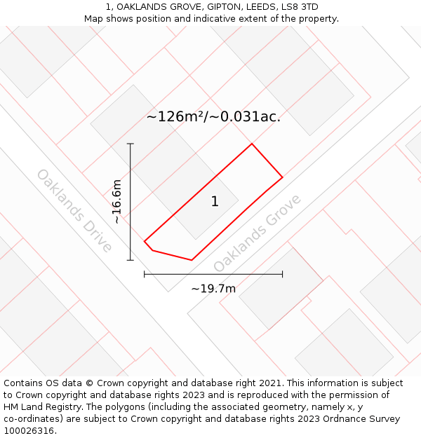 1, OAKLANDS GROVE, GIPTON, LEEDS, LS8 3TD: Plot and title map