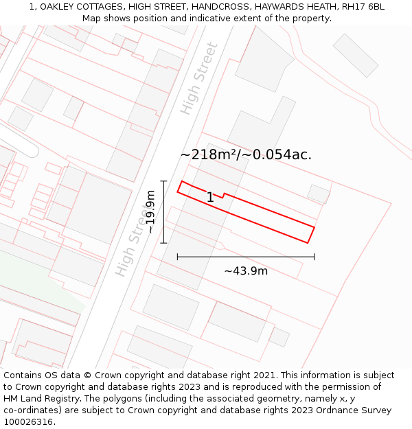 1, OAKLEY COTTAGES, HIGH STREET, HANDCROSS, HAYWARDS HEATH, RH17 6BL: Plot and title map
