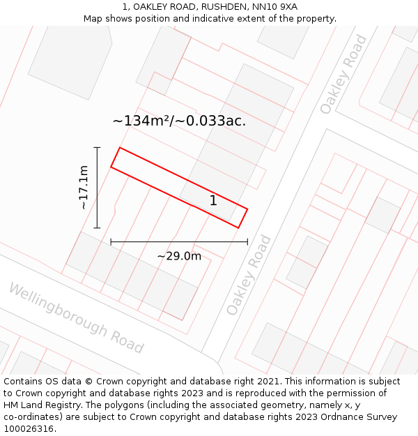 1, OAKLEY ROAD, RUSHDEN, NN10 9XA: Plot and title map