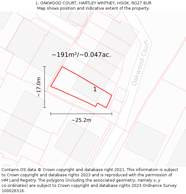 1, OAKWOOD COURT, HARTLEY WINTNEY, HOOK, RG27 8UR: Plot and title map