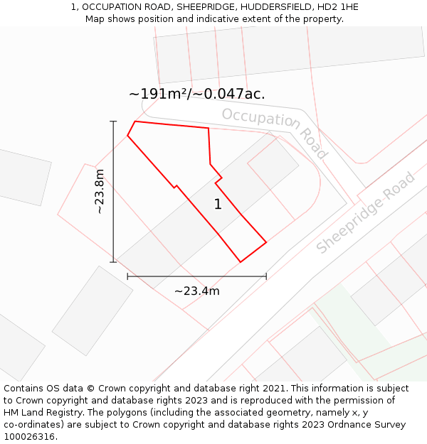 1, OCCUPATION ROAD, SHEEPRIDGE, HUDDERSFIELD, HD2 1HE: Plot and title map