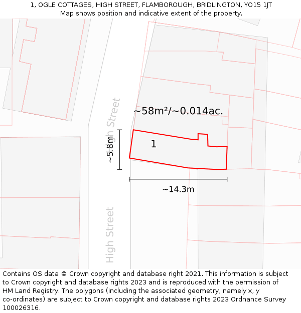 1, OGLE COTTAGES, HIGH STREET, FLAMBOROUGH, BRIDLINGTON, YO15 1JT: Plot and title map