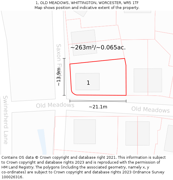 1, OLD MEADOWS, WHITTINGTON, WORCESTER, WR5 1TF: Plot and title map