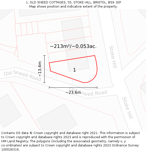 1, OLD SNEED COTTAGES, 55, STOKE HILL, BRISTOL, BS9 1EP: Plot and title map