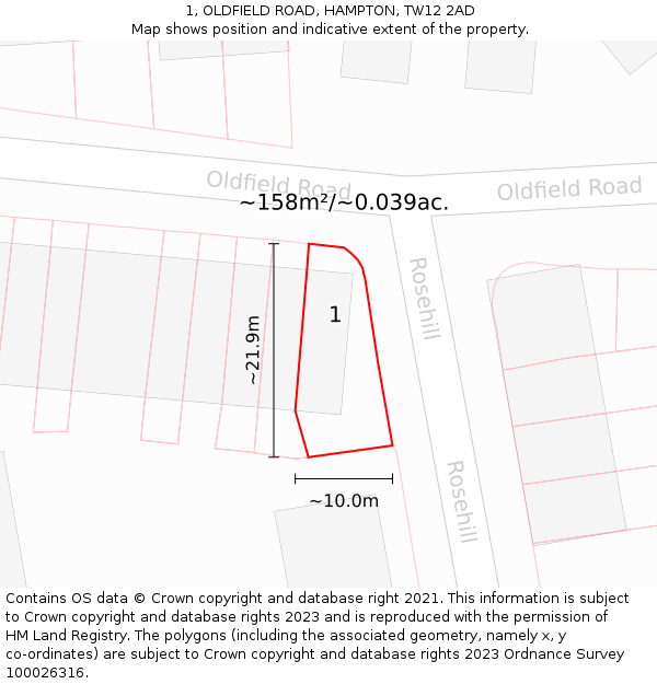 1, OLDFIELD ROAD, HAMPTON, TW12 2AD: Plot and title map