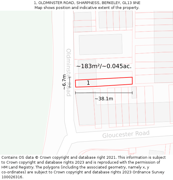 1, OLDMINSTER ROAD, SHARPNESS, BERKELEY, GL13 9NE: Plot and title map