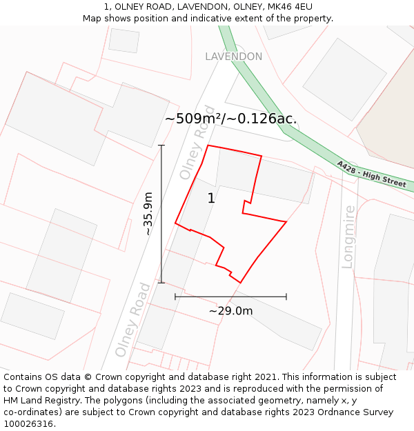 1, OLNEY ROAD, LAVENDON, OLNEY, MK46 4EU: Plot and title map