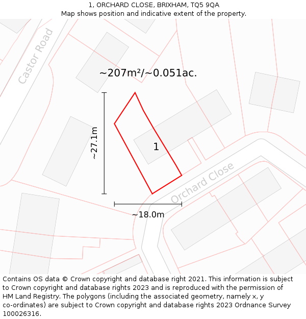 1, ORCHARD CLOSE, BRIXHAM, TQ5 9QA: Plot and title map