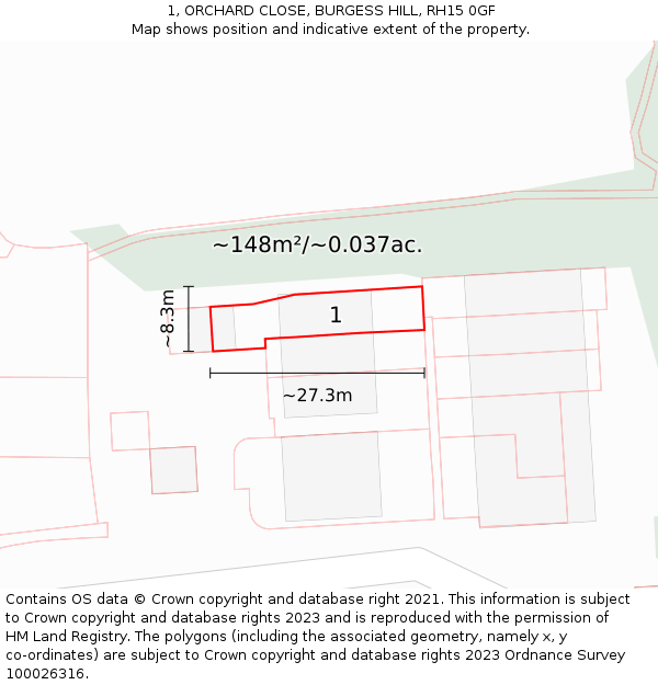 1, ORCHARD CLOSE, BURGESS HILL, RH15 0GF: Plot and title map