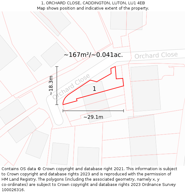 1, ORCHARD CLOSE, CADDINGTON, LUTON, LU1 4EB: Plot and title map