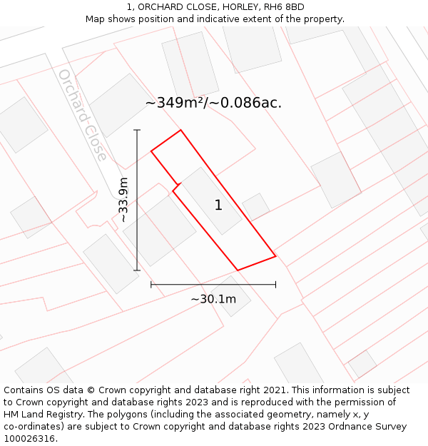 1, ORCHARD CLOSE, HORLEY, RH6 8BD: Plot and title map