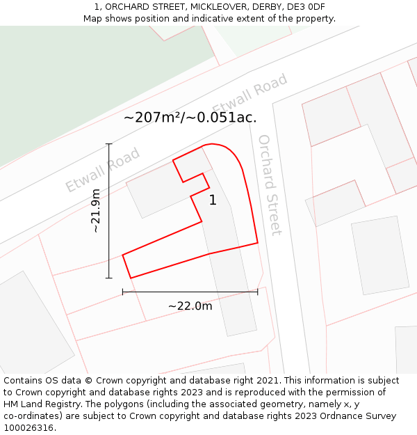 1, ORCHARD STREET, MICKLEOVER, DERBY, DE3 0DF: Plot and title map