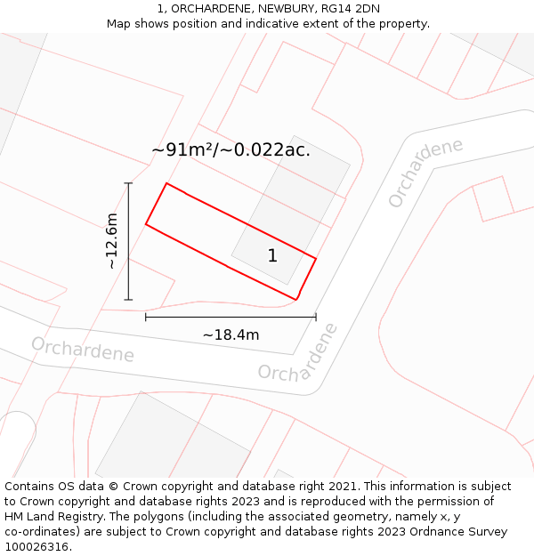 1, ORCHARDENE, NEWBURY, RG14 2DN: Plot and title map