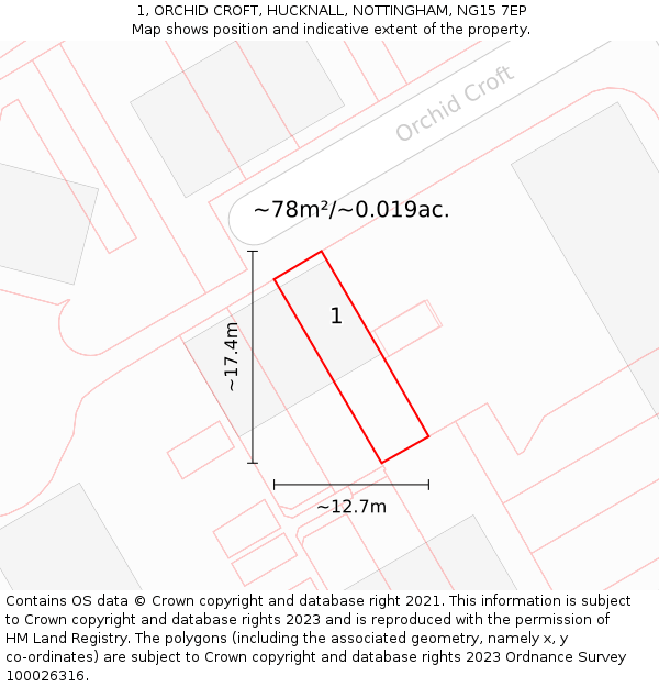 1, ORCHID CROFT, HUCKNALL, NOTTINGHAM, NG15 7EP: Plot and title map