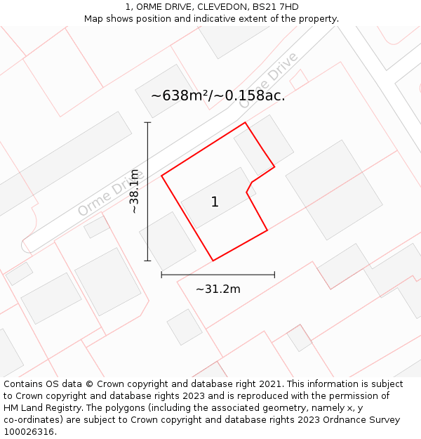 1, ORME DRIVE, CLEVEDON, BS21 7HD: Plot and title map