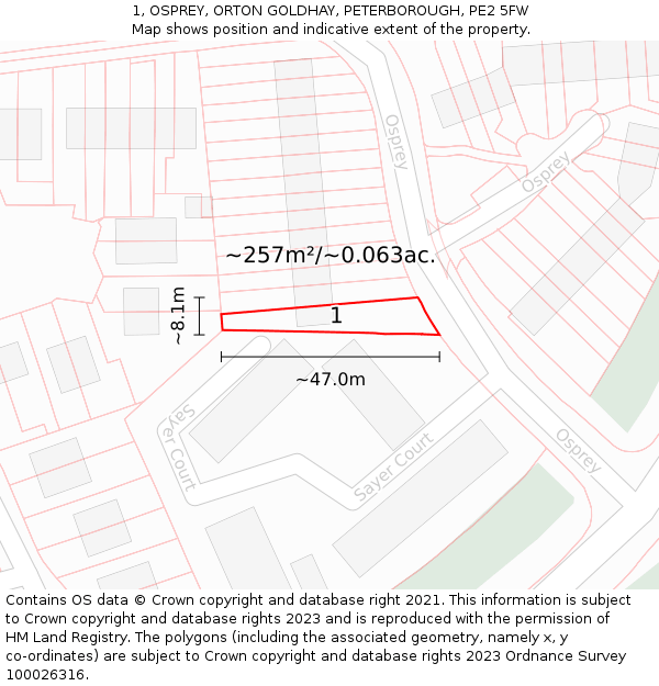 1, OSPREY, ORTON GOLDHAY, PETERBOROUGH, PE2 5FW: Plot and title map